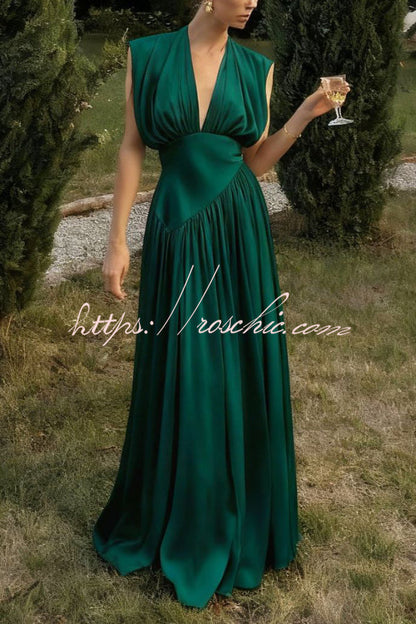 Elegant V-neck Sleeveless Fitted Waist High Slit Vacation Maxi Dress