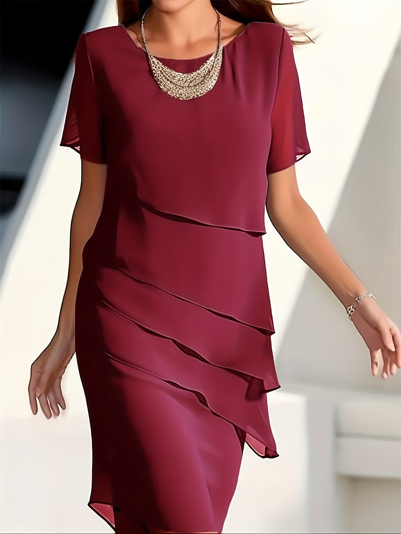 Amadis Minimalist Cotton Layered Trim Round Neck Short Sleeve Evening Dress for Women Premium Wardrobe Essential