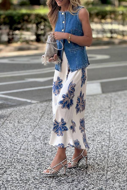 Vintage Blue and Gold Floral Satin Midi Skirt