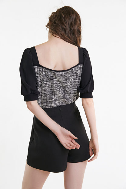 Black Tweed Square Neck Button Detail Puff Sleeve Blouse