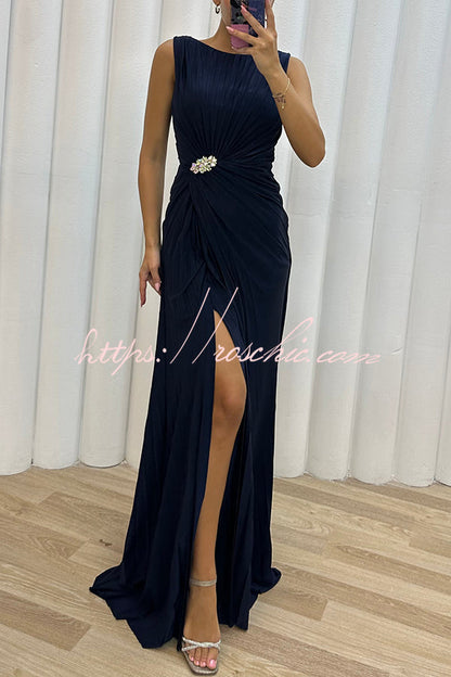 Pretty Special Pleated Embellished Slit Evening Maxi Dress