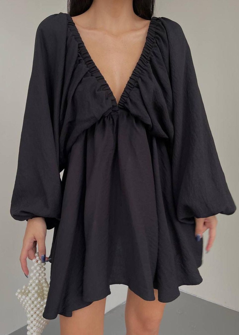 Deep V-Neck Lantern Sleeve Mini Dress – Flowy Loose Fit