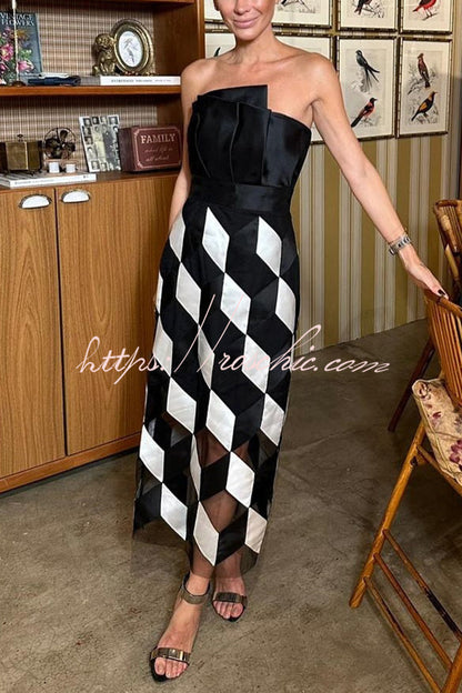 Sexy Tube Top and Backless Rhombus Contrast Midi Dress