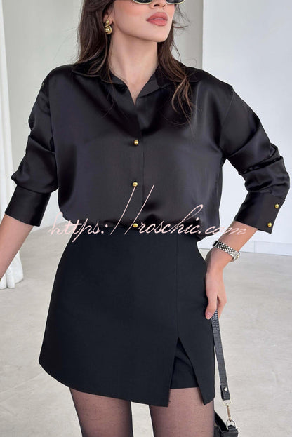 Solid Color Silk Satin Texture Single-breasted Long-sleeved Loose Shirt
