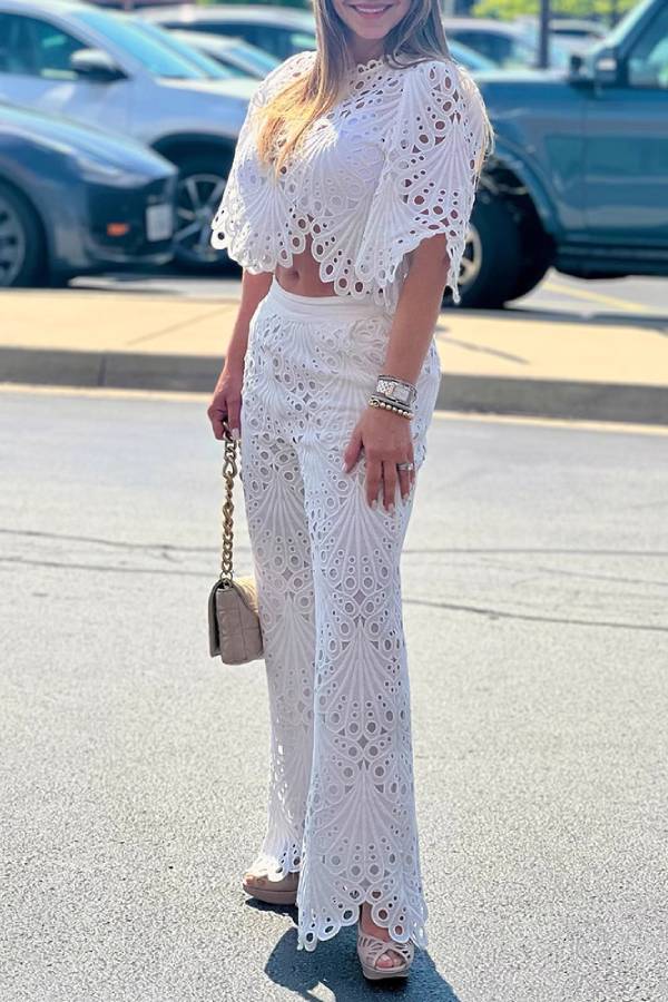 White Eyelet Embroidery Stand Collar Crop Top & Wide Leg Pants Two-Piece Set