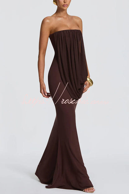 Vienna Modal Jersey Ruched Asymmetric Draped Mesh Strapless Maxi Dress