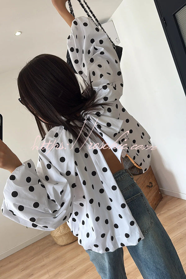 Issie Polka Dot Print Turtleneck Knotted Balloon Sleeve Back Slit Loose Blouse