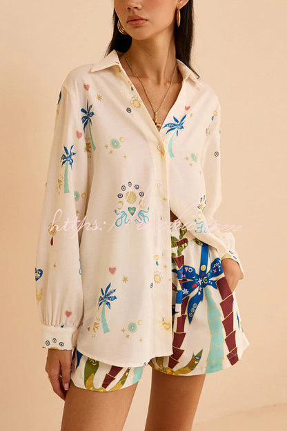 Linen Blend Summer Printed Collared Long-sleeved Shirt and Elastic Waist Pocket Casual Shorts Set
