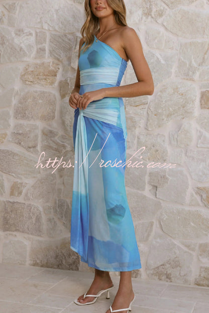 Unique Printed One-Shoulder Cutout Fitted Lace-Up Maxi Dress