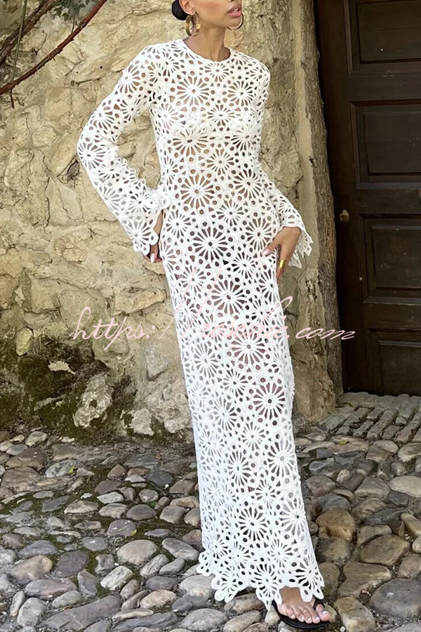Easy Resort Knit Crochet Cutout Long Sleeve Reversible Vacation Maxi Dress