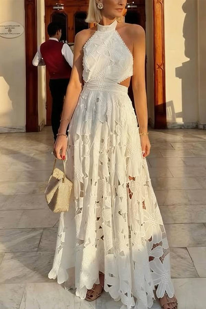 Sevilla Sun Embroidery Crochet Flowers Cutout Waist Halter Backless Maxi Dress