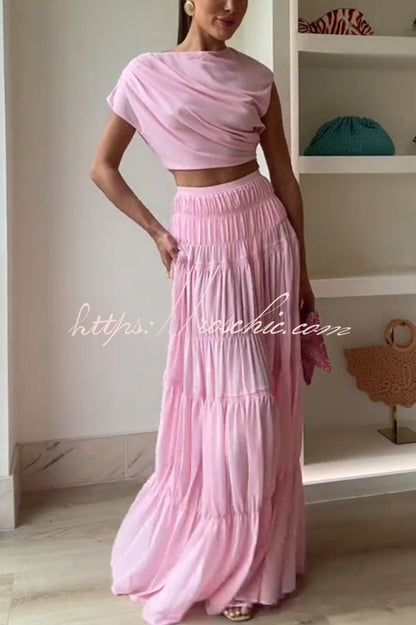 Stunning Chiffon Ruched Shoulder Short Sleeve Crop Top