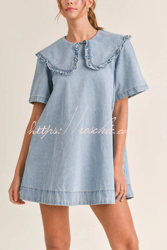 Solid Color Loose Short-sleeved Casual Ruffled Denim Mini Dress