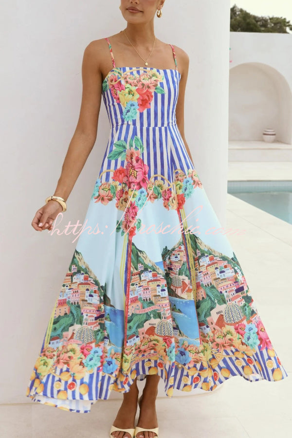 Unique Printed Spaghetti Strap Square Neck Casual Holiday Maxi Dress