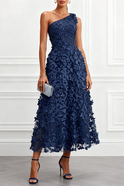 Lynelle Tulle 3D Floral Butterfly One Shoulder Sleeveless A-Line Midi Dress
