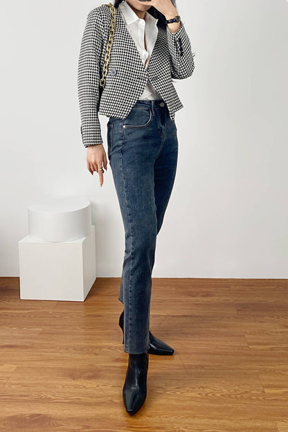 Black Houndstooth V-Neck Double-Breasted Jacket