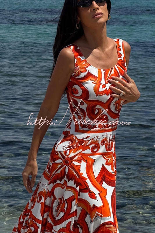 Arnell Contrast Color Artistic Floral Print Square Neck Pleated Hem Maxi Dress