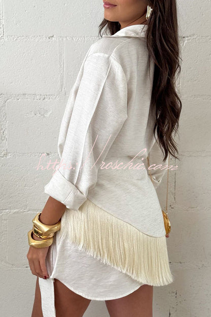 Sorena Linen Blend Button Up Long Sleeve Midi Blouse and Tassel Trim Warp Cover-up Mini Dress Set