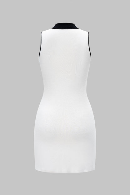 Knit V Neck Contrast Button Sleeveless Pocket Dress