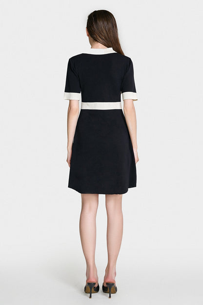 Black Contrast Trim Bow Brooch Knit Dress