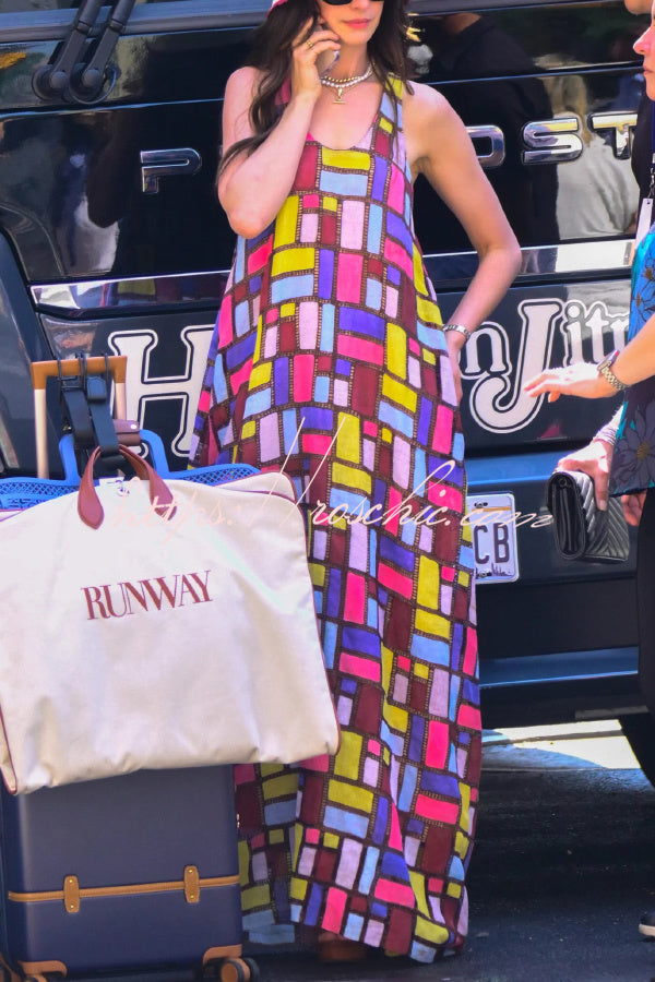 Stylish Color-blocked Plaid Print Sleeveless Round Neck Loose Maxi Dress