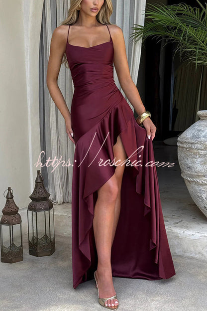 Solid Color Sexy Backless Lace-up Irregular Ruffled Maxi Dress