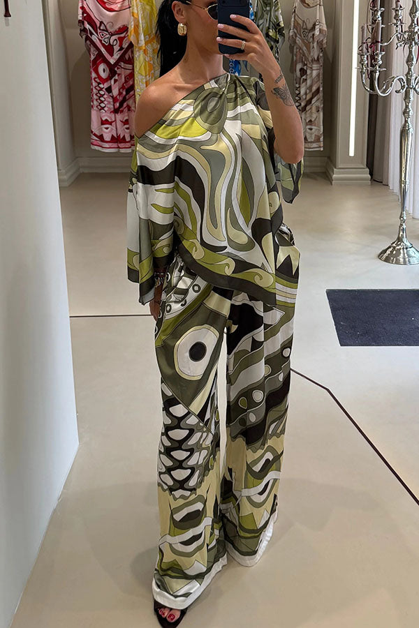 Luxe Resort Satin Unique Print Cape-style Top and Elastic Waist Pocket Wide Leg Pants Set