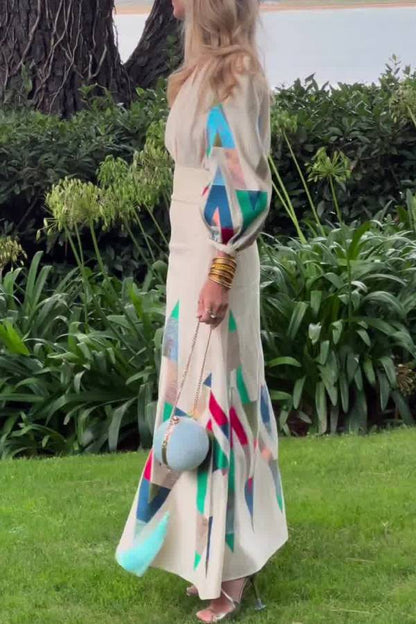 Vintage Geometric Print Padded Shoulder V-neck Waisted Maxi Dress