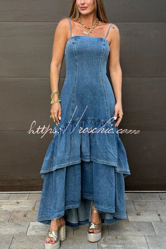 Graceful Smile Denim Back Zipper Slip Layered Ruffle Hem Maxi Dress