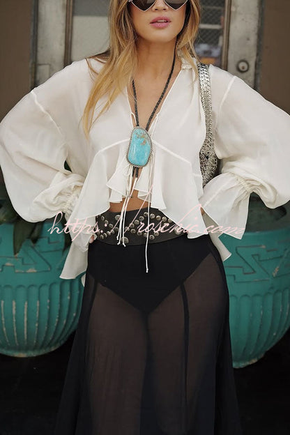 Boho Forever Chiffon Ruffles Balloon Sleeve Tie-up Blouse