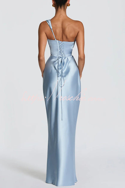Thalassa Satin One Shoulder Scooped Neck Bias Cut Pleated Maxi Dress