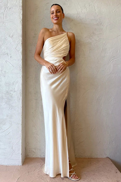 Regina Chic One Shoulder Ruched Evening Dress with High Slit and Cami Maxi Silhouette Collection