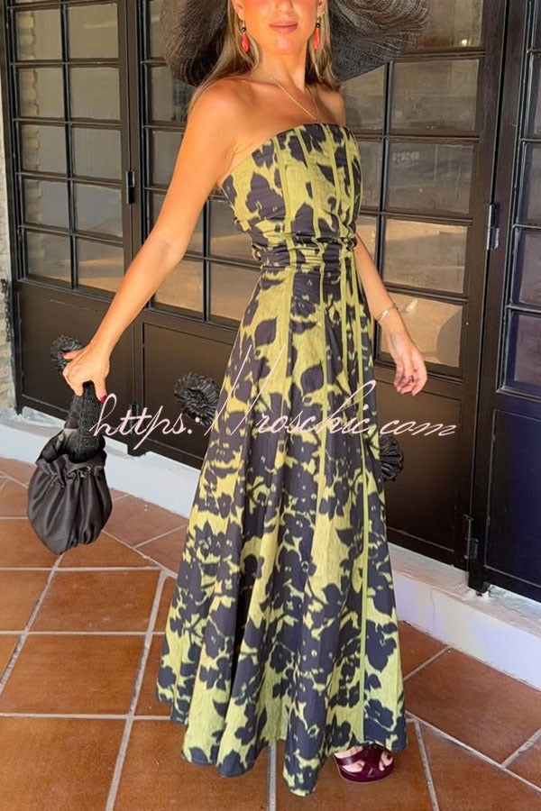 Elara Linen Blend Floral Print Princess Line Design Detachable Sleeves Maxi Dress
