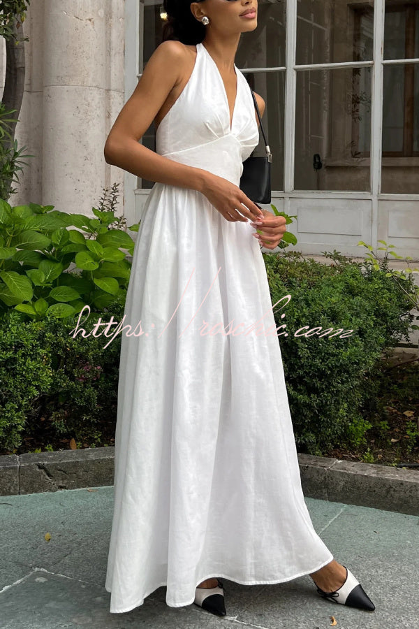 Solid Color Halter Neck Tie Elegant Backless Waist-cinching Maxi Dress