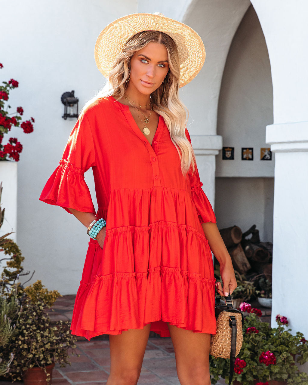Alicia Pocketed Ruffle Tiered Babydoll Dress Red