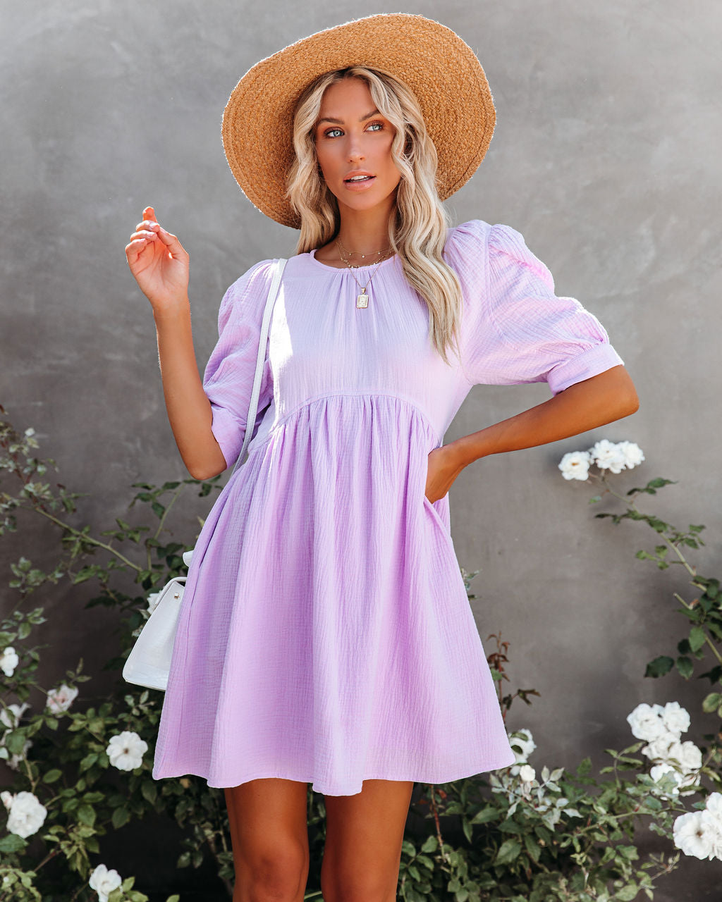 Amber Cotton Pocketed Puff Sleeve Dress Lavender