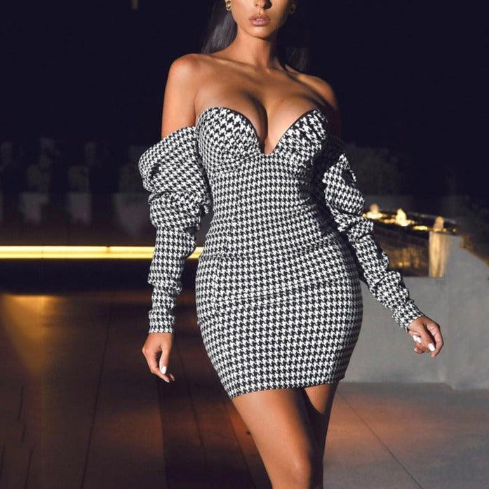 Andi Allover Houndstooth Off Shoulder Dress