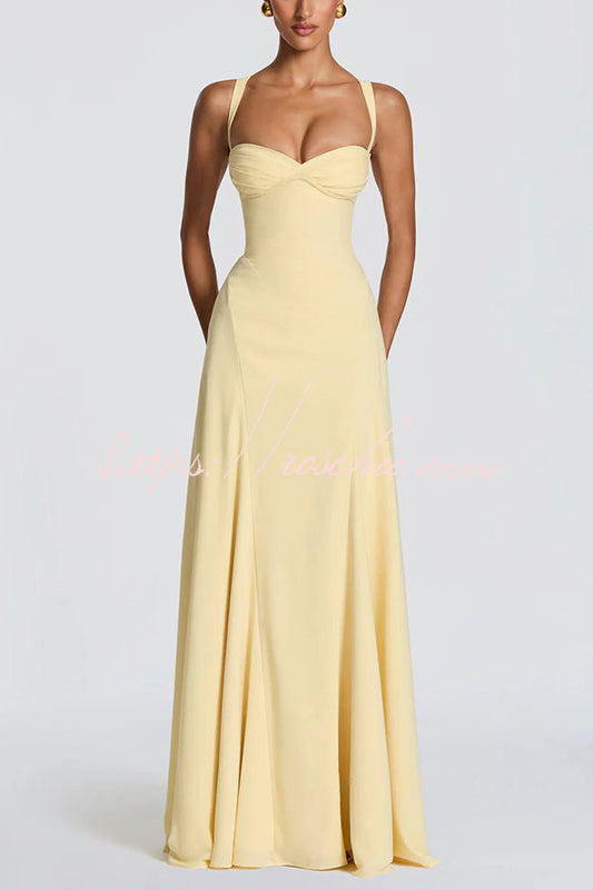 Irie Chiffon Sweetheart Neck Tapered Shoulder Straps Back Lace-up Drape Maxi Dress