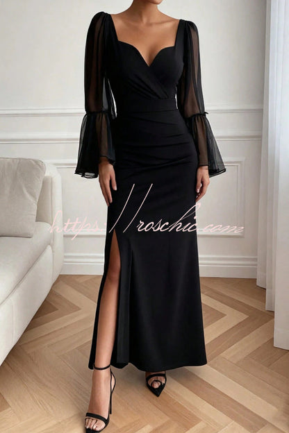 Solid Color V-neck Flared Long Sleeve Elegant High Slit Maxi Dress
