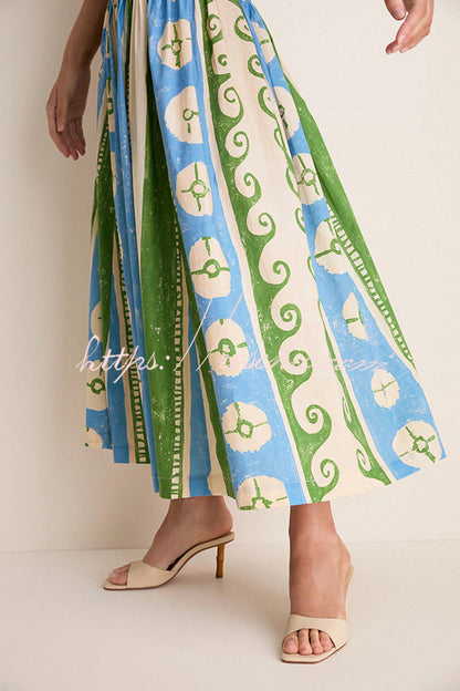 Breezy Linen Blend Fresco-inspired Print Square Neck Drop Waist Midi Dress
