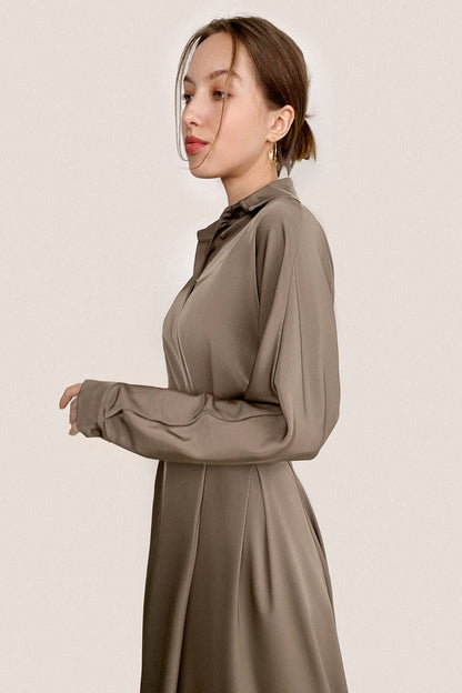 Brown Surplice Pleat Detail A-Line Maxi Shirt Dress
