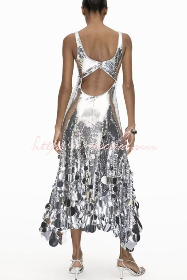Party Tips Sequin Irregular Round Tassels Hem Back Cutout Tank Maxi Dress (Shipped Within 24 Hours)
