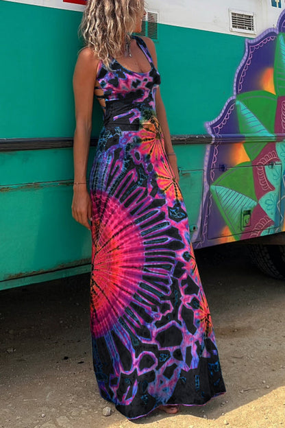 La Bamba Tie-dye Print Back Lace-up Stretch Maxi Dressï¼_ith built-in braï¼