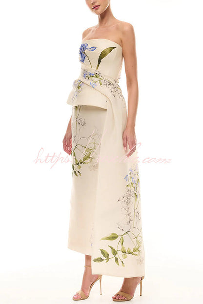 Architectural Tailor Iris Bouquet Print Strapless Draped Peplum Gown Midi Dress
