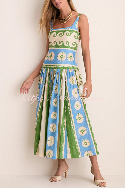 Breezy Linen Blend Fresco-inspired Print Square Neck Drop Waist Midi Dress