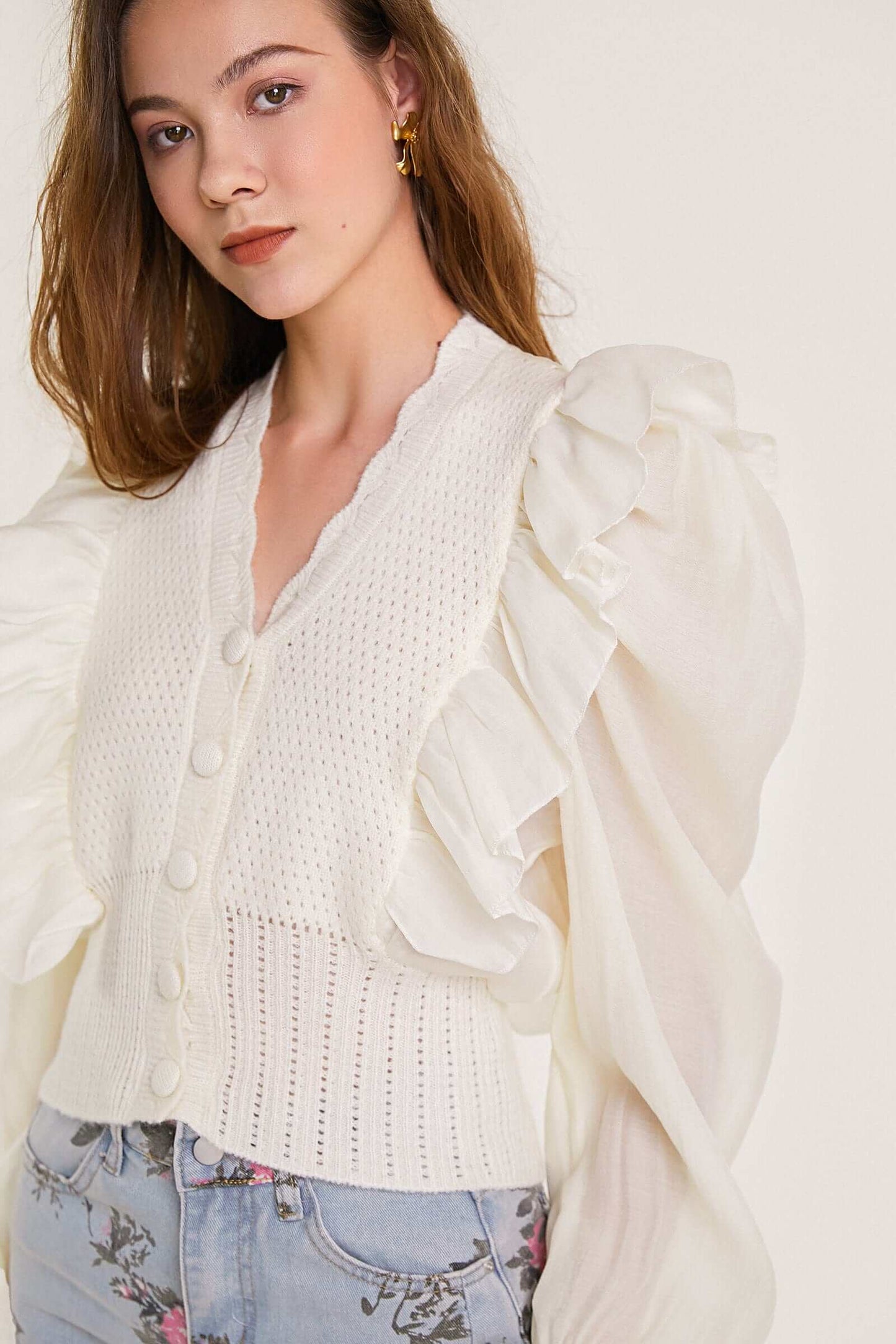 Beige Pointelle Knit Ruffled Chiffon Puff Sleeve Cardigan