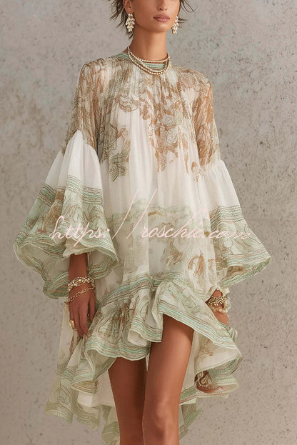Mini Dress with Flared Sleeves and Printed Ruffles