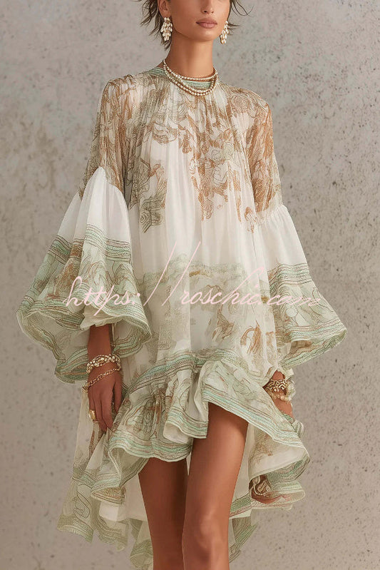 Mini Dress with Flared Sleeves and Printed Ruffles