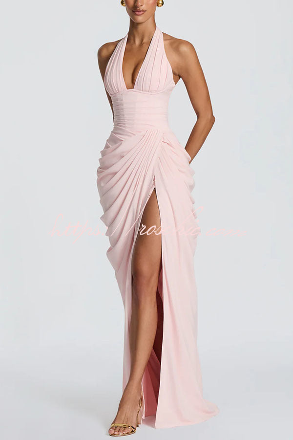 Minette Halter Back Lace-up Asymmetrical Pleats Slit Maxi Dress