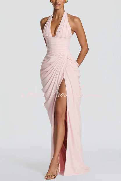 Minette Halter Back Lace-up Asymmetrical Pleats Slit Maxi Dress